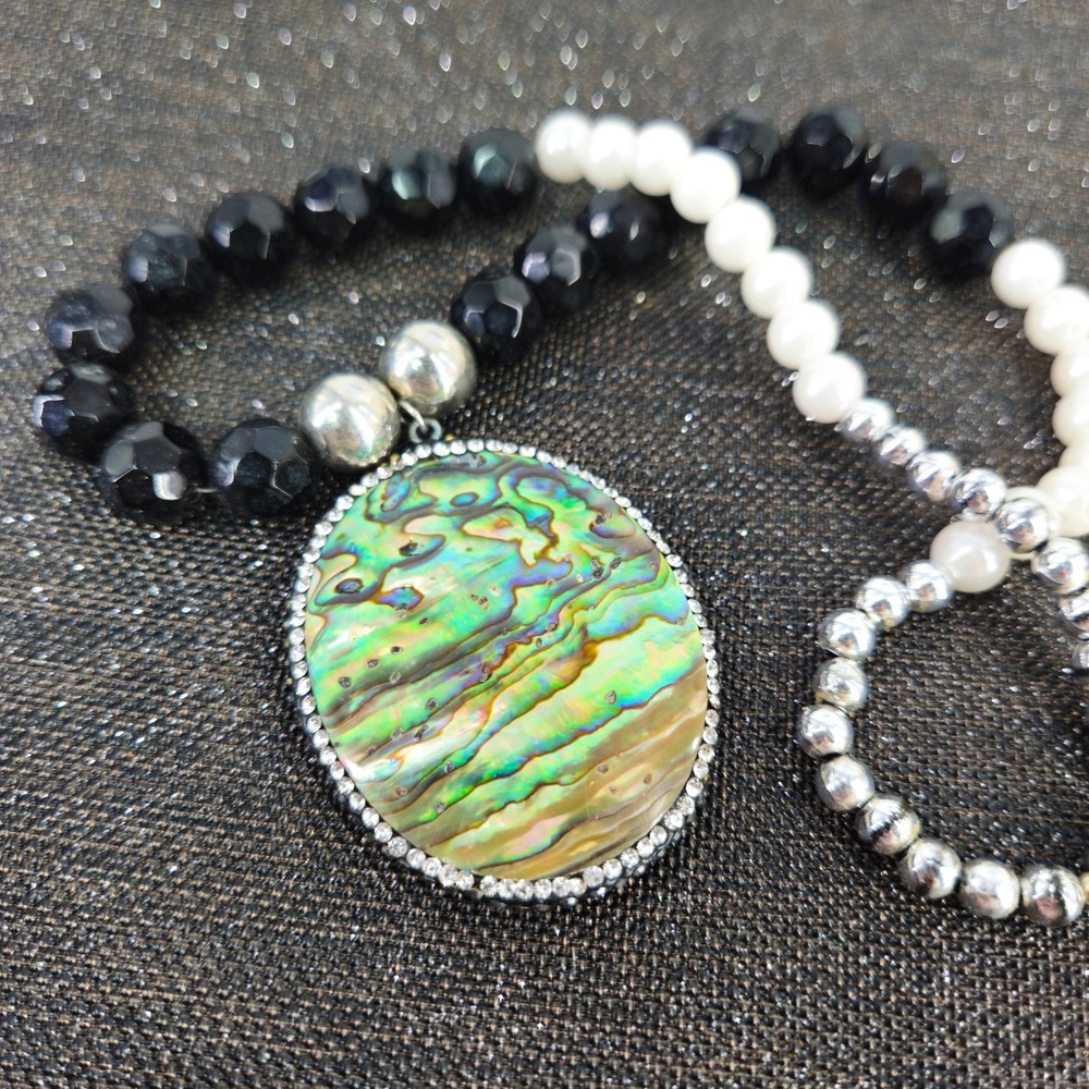 Vtg Abalone Shell/ MOP w Rhinestones Reversible Necklace Black White Silver Bead